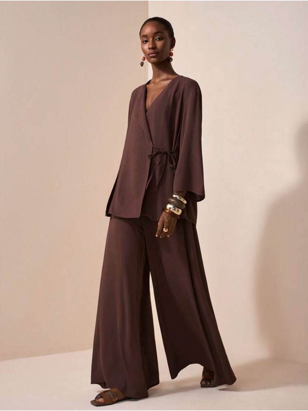 Women's Brown Wide-Leg Wrap Top & Pants Set